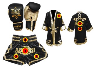 Kanong Boksehandsker + Personlig Boksning Kappe + Personlig Muay Thai Shorts  : Sort Lai Thai