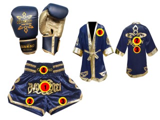 Kanong Boksehandsker + Personlig Boksning Kappe + Personlig Muay Thai Shorts  : Marine blå Lai Thai