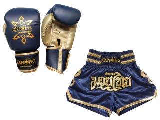 Muay Thai sæt -- bokse handsker + Personlig Muay Thai shorts : Set-121-Marine blå