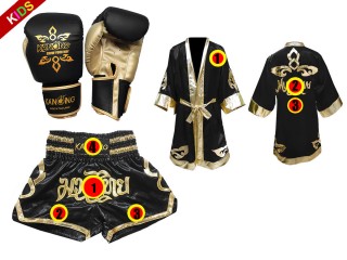 Boksehandsker + Personlig Boksning Kappe + Personlig Muay Thai Shorts til Børn : Sort Lai Thai