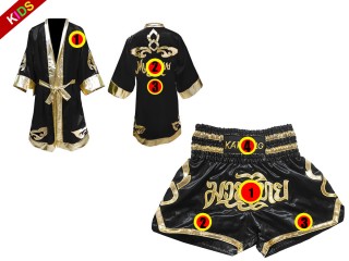 Kanong Personlig Boksning Kappe + Personlig Muay Thai Shorts til Børn : Sort Lai Thai