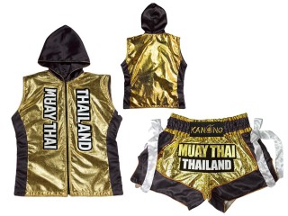 Personlig Muay Thai Boksetøj - Hættetrøjer + Muay Thai Shorts : KNHODSET-004-Guld-Sort