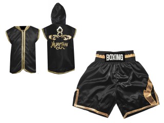 Boksesæt -  Personlig Boksning Hættetrøjer + Bokseshorts Boxing Shorts :KNCUSET-008-Sort guld