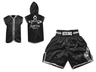 Boksesæt -  Personlig Boksning Hættetrøjer + Bokseshorts Boxing Shorts : KNCUSET-008-Sort-sølv