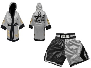 Boksesæt - Personlig Boksning Kappe + Bokseshorts Boxing Shorts : KNCUSET-105-Sort-Silver