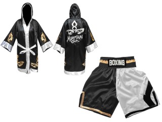 Boksesæt - Personlig Boksning Kappe + Bokseshorts Boxing Shorts : KNCUSET-105-Sort-Hvid