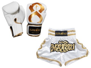 Muay Thai sæt -- boksehandsker + Personlig Muay Thai shorts : Set-121-Thaikick-Hvid