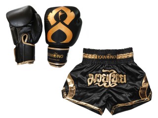 Muay Thai sæt -- boksehandsker + Personlig Muay Thai shorts : Set-144-Gloves-Sort guld