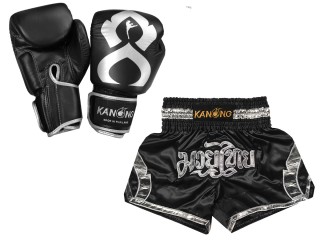Muay Thai sæt -- boksehandsker + Personlig Muay Thai shorts : Set-144-Gloves-Sort-sølv