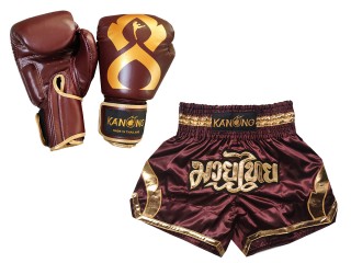 Muay Thai sæt -- boksehandsker + Personlig Muay Thai shorts : Set-144-Gloves-Rødbrun