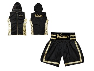 Boksesæt -  Personlig Boksning Hættetrøjer + Bokseshorts Boxing Shorts : KNCUSET-007-Sort-Guld