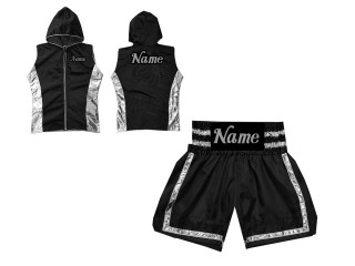 Boksesæt -  Personlig Boksning Hættetrøjer + Bokseshorts Boxing Shorts : KNCUSET-007-Sort-Sølv