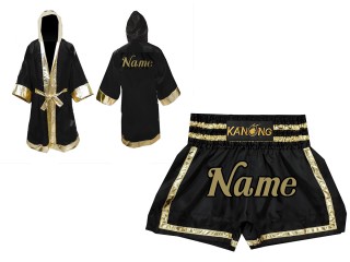 Kanong Personlig Boksning Kappe + Personlig Muay Thai Shorts : Set-140-Sort-Guld