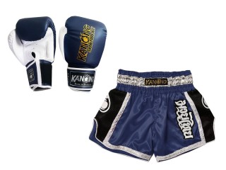 Boksesæt - Thaiboksning handsker + Personlig Muay Thai shorts : Set-208-Marine blå