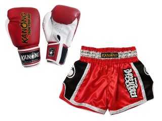 Boksesæt - Muay Thai handsker + Personlig Muay Thai shorts : Set-208-Rød