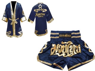 Kanong Muay Thai Boksning Kappe (Fight Robe) + Muay Thai Shorts : Marine blå Lai Thai