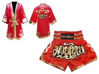 Kanong Muay Thai Boksning Kappe (Fight Robe) + Muay Thai Shorts : Rød Lai Thai