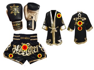 Kanong Trænings Boksehandsker + Boksning Kappe (Fight Robe) + Muay Thai Shorts : Sort Lai Thai