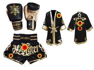 Kanong Boksehandsker + Personlig Boksning Kappe + Personlig Muay Thai Shorts  : Sort Lai Thai