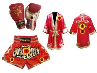 Kanong Boksehandsker + Personlig Boksning Kappe + Personlig Muay Thai Shorts  : Rød Lai Thai