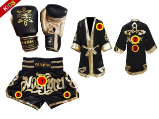 Kanong Trænings Boksehandsker + Personlig Boksning Kappe + Personlig Muay Thai Shorts til Børn : Sort Lai Thai
