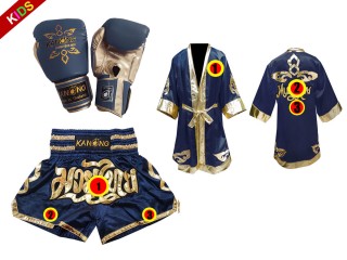 Kanong Trænings Boksehandsker + Personlig Boksning Kappe + Personlig Muay Thai Shorts til Børn : Marine blå Lai Thai
