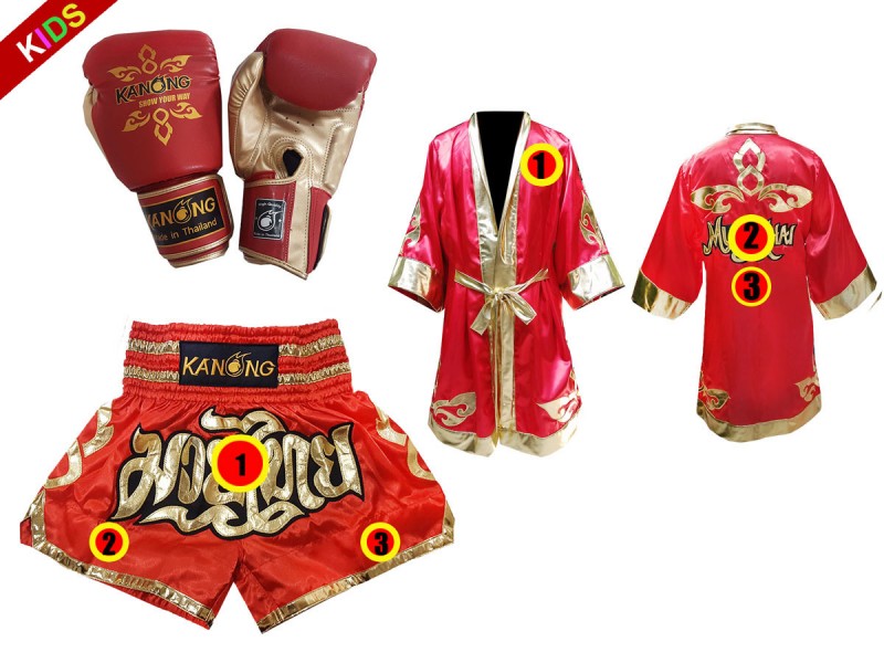 Kanong Trænings Boksehandsker + Boksning Kappe (Fight Robe) + Muay Thai Shorts til Børn : Rød Lai Thai