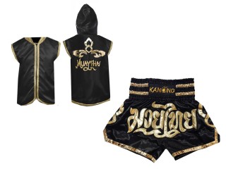 Kanong Personlig Muay Thai Bokse tøj - Hættetrøjer + Muay Thai Shorts : Sort Lai Thai