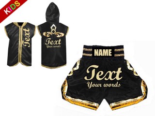 Boksesæt - Personlig Boksning Hættetrøjer + Bokseshorts Boxing Shorts til Børn : Sort/Guld