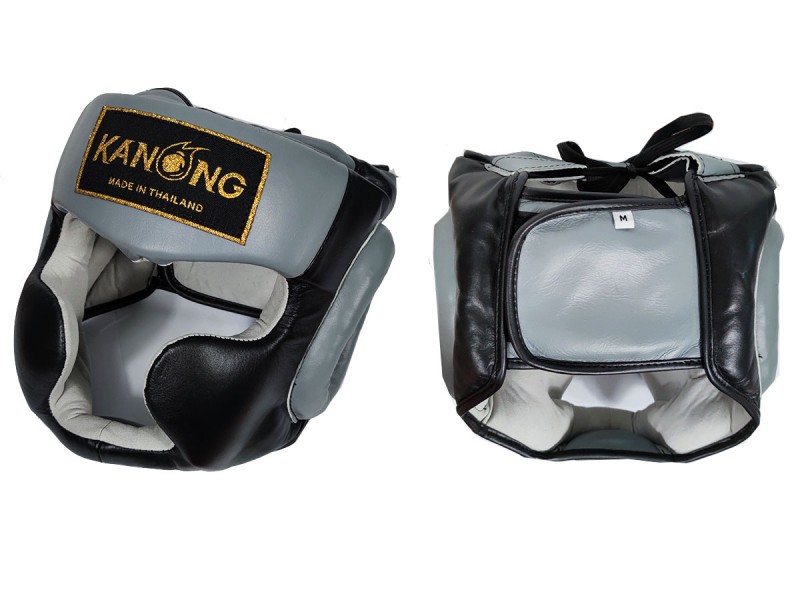 Kanong Boksehjelm kickboxing hjelm (ægte læder) : Sort/Grå | MuayThaiButik.com