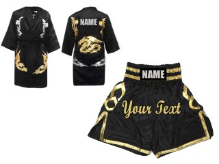 Boksesæt - Personlig Boksning Kappe + Bokseshorts Boxing Shorts : Sort/Guld