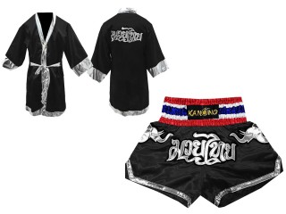 Kanong Personlig Boksning Kappe + Personlig Muay Thai Shorts : Sort/Elefant 