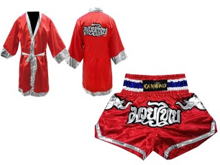Kanong Muay Thai Boksning Kappe (Fight Robe) + Muay Thai Shorts : Rød/Elefant 