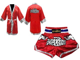 Kanong Personlig Boksning Kappe + Personlig Muay Thai Shorts : Rød/Elefant 