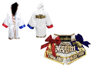 Kanong Muay Thai Boksning Kappe (Fight Robe) + Muay Thai Shorts : hvid