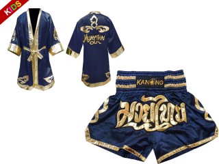 Kanong Muay Thai Boksning Kappe (Fight Robe) + Muay Thai Shorts til Børn : Marine blå Lai Thai