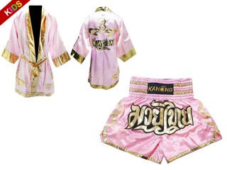 Kanong Muay Thai Boksning Kappe (Fight Robe) + Muay Thai Shorts til Børn : Lyserød Lai Thai
